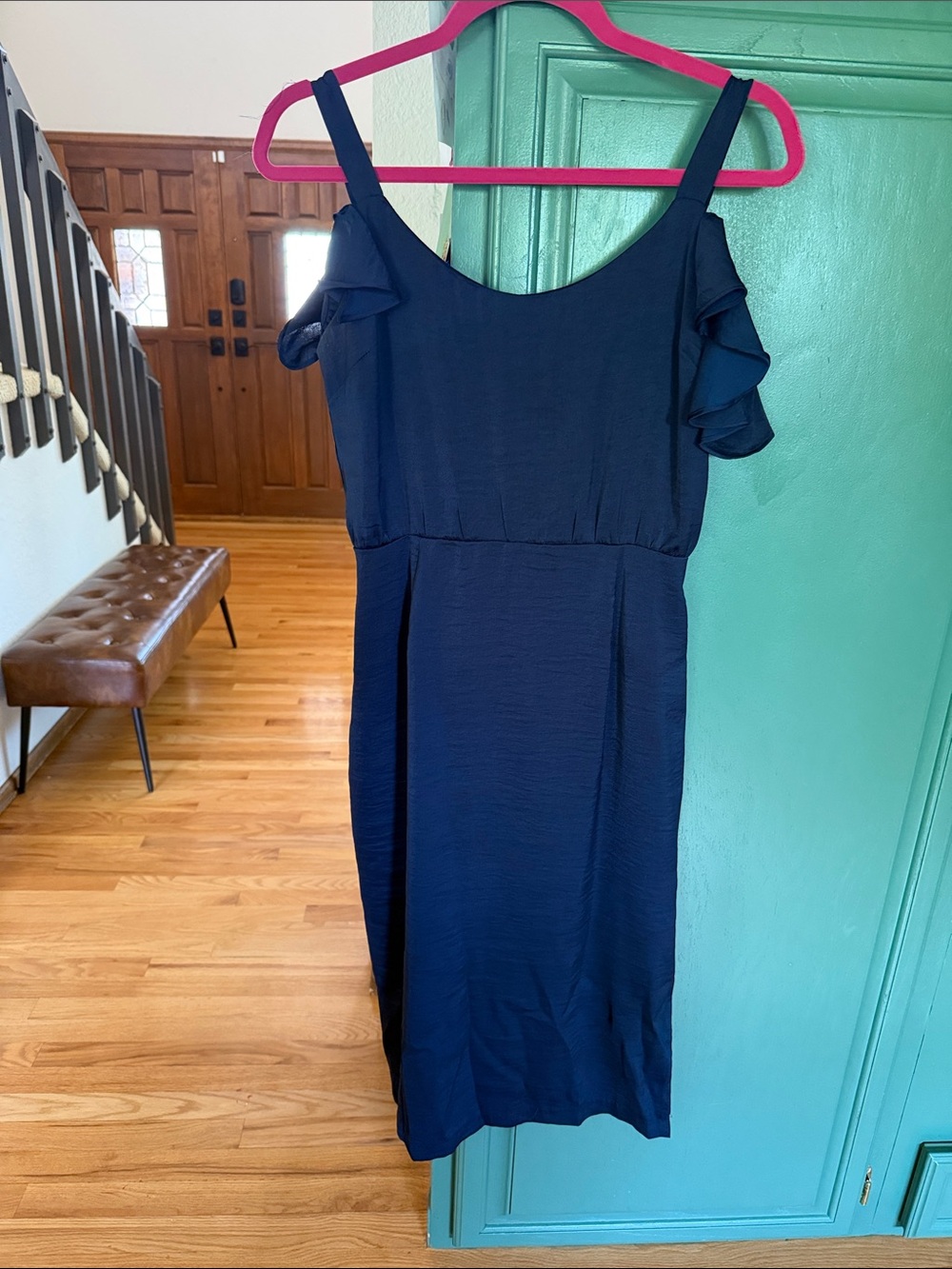BB Dakota Navy Cold-Shoulder Ruffle Midi Dress